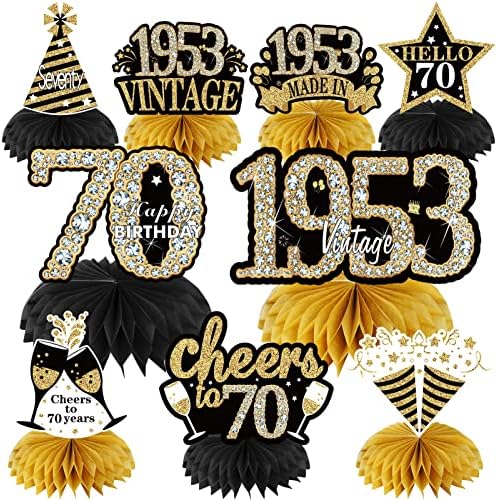 9pcs 70. rođendanski ukrasi za muškarce žene za muškarce, crno zlato vintage 1953 sretni 70. rođendanski stol za rođendan, navijači