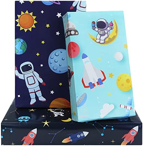Rođendanski papir za umotavanje 6 listova omot poklona 20 x 30 inča po listu, planete Sunčevog sistema astronauta raketni uzorak vanzemaljske