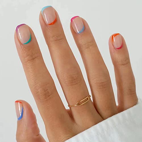 Pritisnite na noktima kratki kvadratni francuski vrh lažni nokti Nude puni poklopac lažni nokti sa šarenim linijama dizajna sjajni