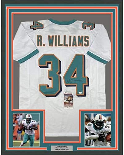 Uokvireni autografirani / potpisan Ricky Williams 33x42 Miami bijeli nogometni dres JSA COA