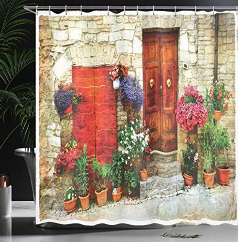 Ambesonne toskanska zavjesa za tuširanje, šareno cvijeće izvan kuće u talijanskom Hilltown-u Assisi rustikalna slika vrata, tkanina