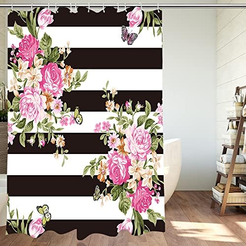Dephoto Striped cvjetni tuš za tuširanje za kupatilo Crno-bijele pruge Ružičasta cvijeća leptir poliesterska tkanina Naslovna ukras