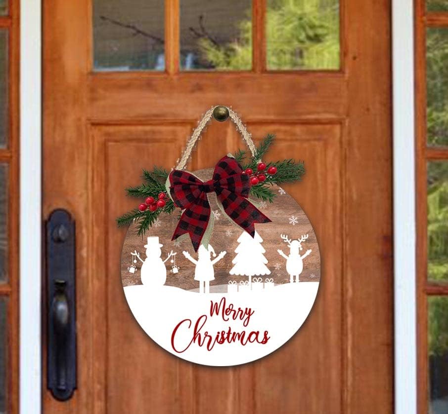 Sretan Božićno dobrodošlicu Farmhouse Drveni viseći znak sa bivolom plairani luk umjetne bobice rustikalne vješalice za drvo za božićnu kućnu seosku kuća ukras