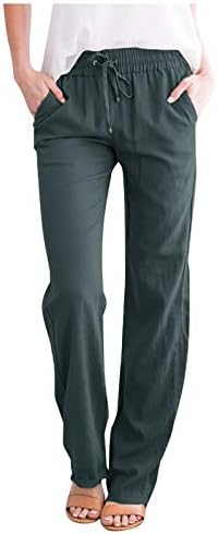 DSODAN pamučne pantalone za žene, nacrtajući elastični visoki struk ljetne paštačke hlače udobne modne hlače sa džepom