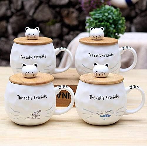 Slatka keramička krigla mačaka sa kašikom i drvenim poklopcem Slatki dizajn Fine porculanske čaše savršene za kafu, čaj i piće