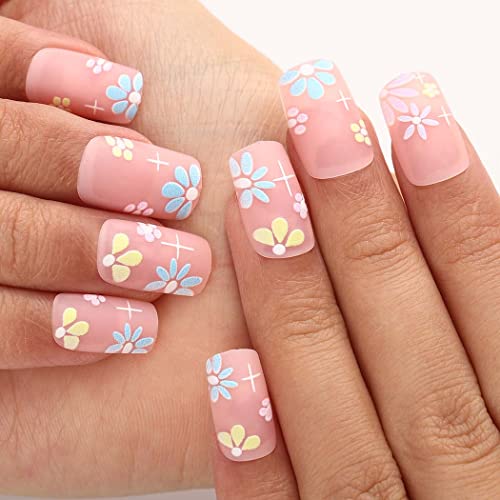 Outyua francuski Savjeti pritisnite na noktima sa dizajnom cvijeća lažni nokti kratki lažni nokti mat akril puni poklopac štap na