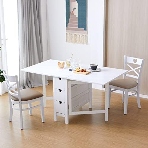 Livinia Wings Gate-Leg drveni trpezarijski sto, čvrsto tvrdo drvo proširivi kuhinjski sto za uštedu prostora sa 6 fioka u potpunosti