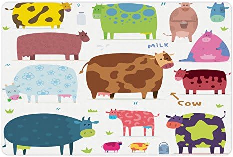 Lunarable Cartoon pet Mat za hranu i vodu, cartoon Design krave šarene Barnyard životinje Kanta Farm tema, pravougaonik neklizajuća