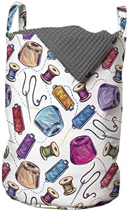 Ambesonne ljubičasta torba za veš, šivanje šivaćih krojeva srodni Crteži šarenih niti igličastih kalema, korpa za korpe sa ručkama