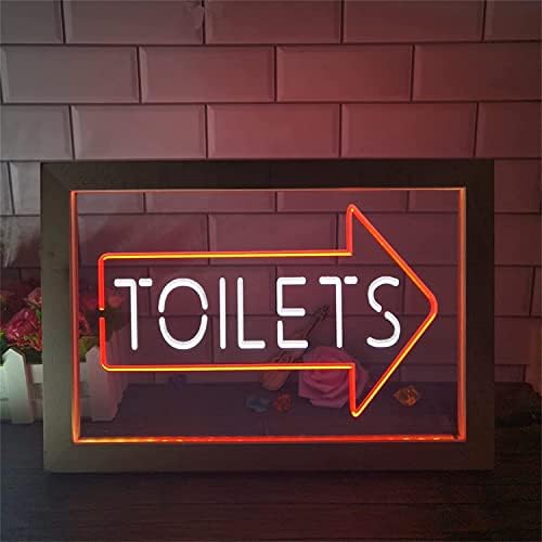 DVTel WC je arrow LED neonski znak, toalet USB noćna svjetla Neonska svjetla sa drvenim okvirom, zidni viseći svjetlosna ploča, 42x32cm