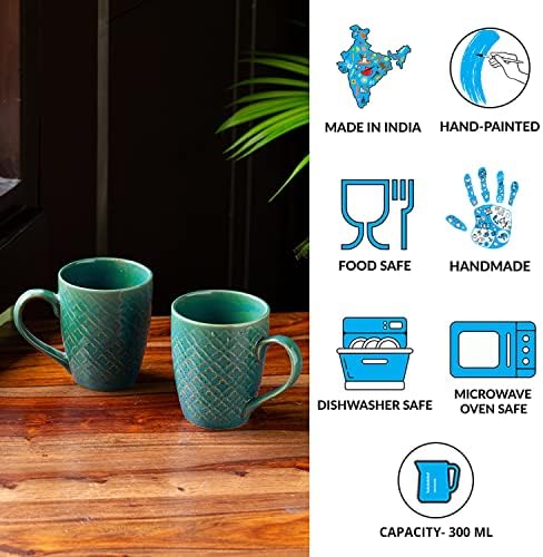 ExclusiveLane 'Marokanski tirkiz' ruka glazirana & amp; reljefni keramičke šalice za kafu Set 2 za pića, kafa | čaj šalice za čaj