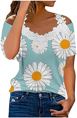 Camiseta de Encaje con estampado de mariposas mujer blusa manga corta retazos y cuello en v con hombros descubiertos
