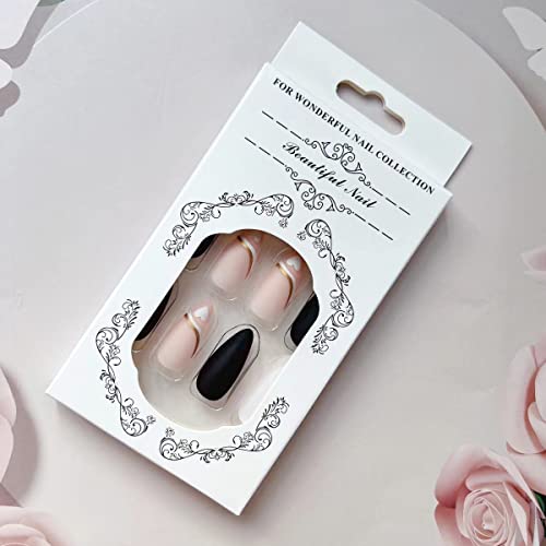 Crna bijela presa na noktima badem sa srcem dizajn lažni nokti srednje dužine full Cover Stick na noktima francuski vrh lažni nokti