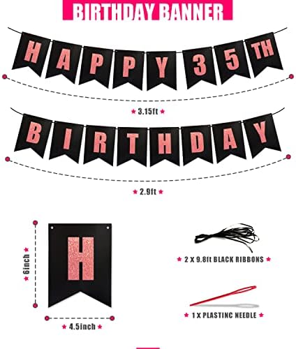 PartyForever Happy 35. rođendanski ukrasi za zabavu Baner za žene Crnim kartovima sa ružinim zlatnim sjajnim slovima Prijavite se