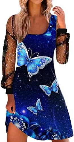 Dame Midi haljine Sheer mrežica s dugim rukavima 3D šarene grafička haljina leptira Tanak visoki struk line