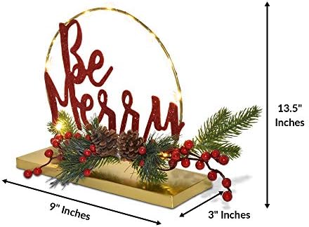 Poklon butik Božić Budite sretan ukras za stolom LED lampica Red Berry i Pine Coe Holiday Glow postolje, plašt Kuhinjski trpezarija