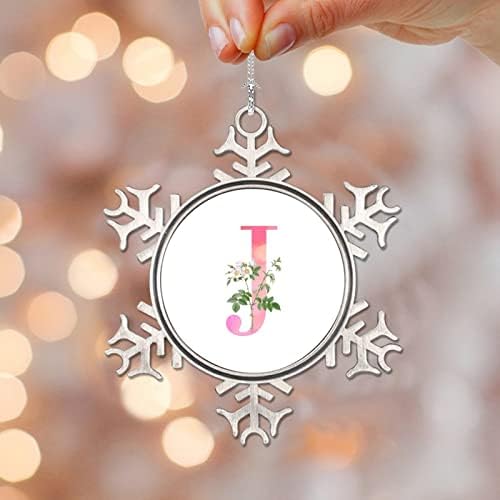 Pink početno slovo J sa cvećem Božić metalni ukrasi, 26 pismo prilagođeni cvjetni Monogram ukrasi za pahuljice viseća uspomena za