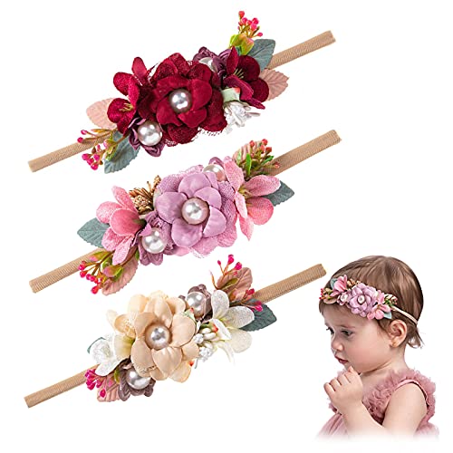 Joyeee Baby Girls headbands Set, 3 kom ručno šivanje najlonske cvjetne elastične trake za glavu mekana cvjetna traka za kosu, cvjetne