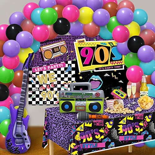 Dekoracije za zabave 90-ih, dekoracije za disco zabave 90-ih, uključuju Radio na naduvavanje, gitaru, balone sa mikrofonom, povratak