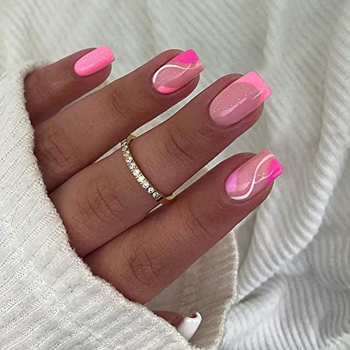 Hot Pink kvadratnog oblika šareni kovitla pritisnite na noktima kratak & amp; Bijele kovitla ljepilo na noktima kratak lažni nokti