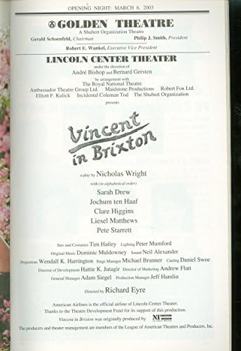 Vincent in Brixto, OPENING NIGHT Broadway Playbill + Sarah Drew, Clare Higgins, Jochem ten Haaf, Liesel Matthews, Pete Starrett
