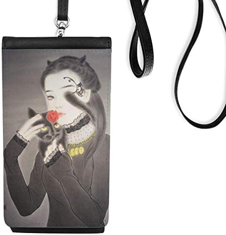 Ljepota crna mačka Kineski stil akvarelni telefon Telefon novčanik torbica Viseće mobilne torbice Crni džep