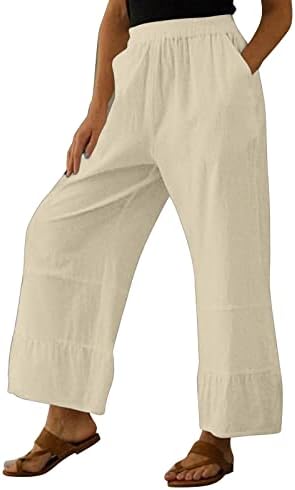 Ležerne ljetne pamučne lanene pantalone za žene labave pantalone sa ravnim nogavicama visokog struka duge pantalone sa džepovima udobnim