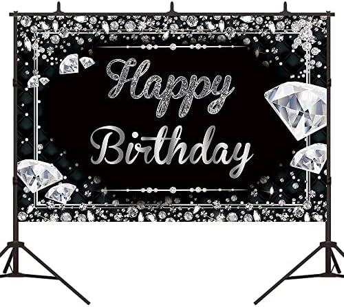 Crefelimas crna i srebrna Happy Birthday Backdrop za žene djevojke rođendan fotografija pozadina Diamond Cake Table Silver Copper