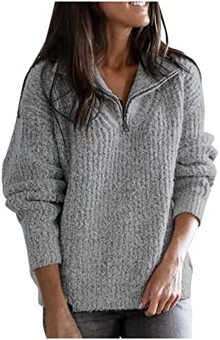 Ymosrh Ženski džemperi Boja ubodeći dugih rukava na ovratnik pola patentnog zatvarača pulover pletena džemper top kardigan