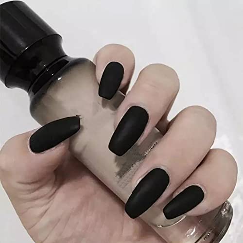 Noir crna mat presa na noktima sa ljepilom srednje duga čvrsta crna boja lažni nokti Luksuzni lijes lažni nokti srednji 24 kom(mat
