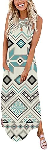 Pejock žene Bohemian Maxi haljina Moda Casual 0-vrat bez rukava štampana duga haljina labava plaža sarafani sa džepovima