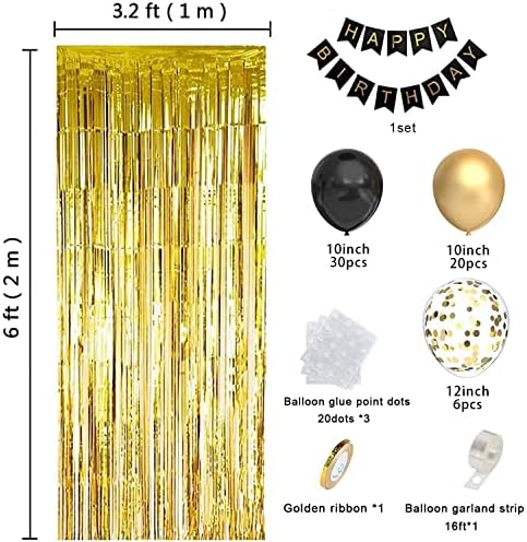 Crni i zlatni balon rođendan, crni i zlatni ukrasi sa 1pcs zlatnim zavjesama i banner za rođendanski materijal za ukrašavanje