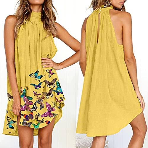 Wybaxz Summer haljina bez rukava za žene Turtleneck cvjetne haljine za plažu za žene draped mini posteljina haljina za žene
