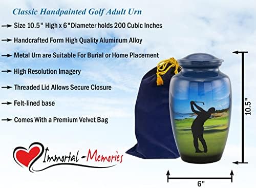 Golf Urn, golf kremacija urn za pepeo, klasični golfer urn, ručno oslikan golf urn, veliki golf spomen urnu s baršunastim torbom
