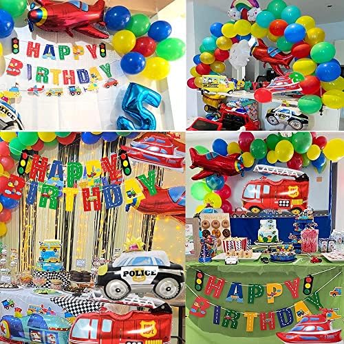 TRANSPORTNI ukrasi za dječake, 49pcs Izgradnja sretnog rođendana Pribor za prijem tema za bebe tuš Crveni zeleni plavi poklopac za drugu 1 godinu sa automobilskim avionima vlakom Policijski balon balona