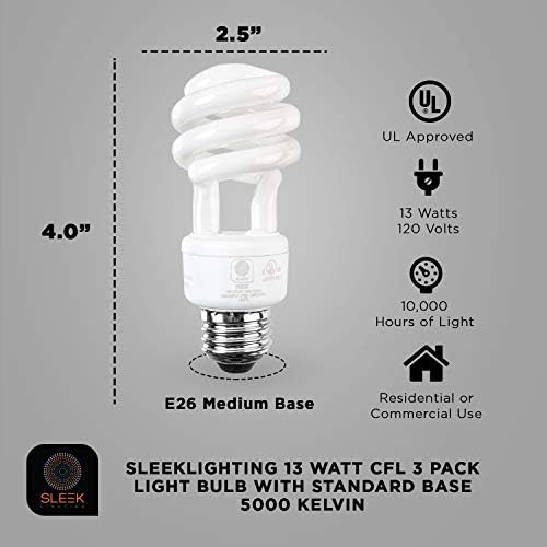 SleekLighting E26 standardna Vijčana baza 13watt CFL sijalica-3 pakovanje, 5000 Kelvina za čisto bijelo dnevno svjetlo i 800 lumena
