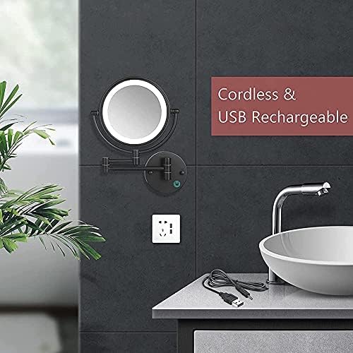 8-inčno ogledalo za kupatilo zidno crno, USB Punjivo ogledalo za šminkanje dvostrano 1x/10x povećalo podesivo LED svjetlo dodir SN