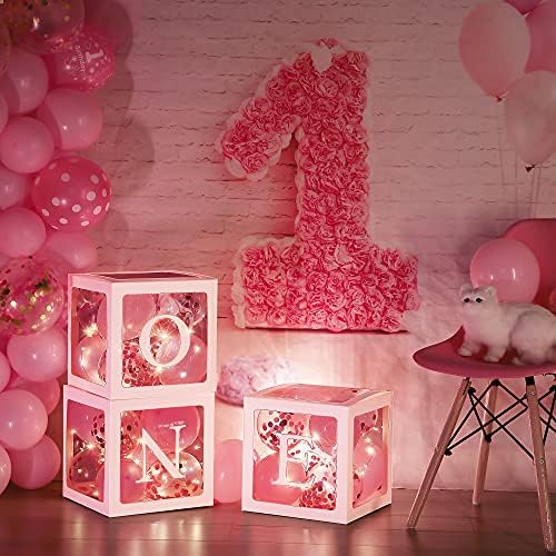 Prvi rođendanski baloni kutije, jedan prozirni bijeli balonski blokovi sa 3 LED žičare i 32 balona za djevojku dječaka BABY 1. rođendan