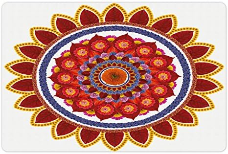 Ambesonne Crvena Mandala prostirka za kućne ljubimce za hranu i vodu, okrugla sa lišćem i ljetnim livadskim Tratinčicama Suncokreti