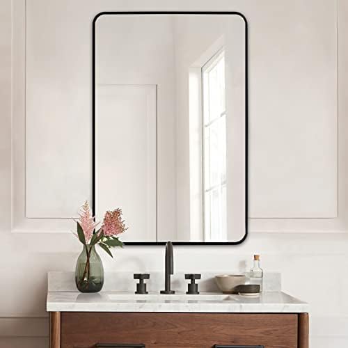 30 x 40 Ogledalo u kupaonici Veliki crni zidni zrcal pravokutni zid zidni ogledalo Metalno uramljeno ogledalo za viseći vertikalni ili horizontalni, zaobljeni ugao