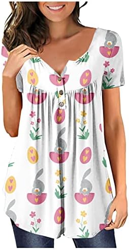 Gradient Ispis Retro kratka rukama s kratkim rukavima za žene dugme V izrez Pleated mrežaste bluze Ljetni cvjetni vrhovi
