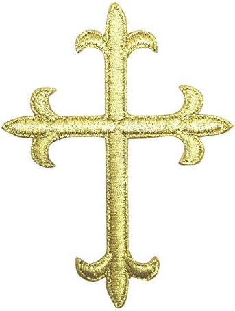 Zlatni metalik Fleur de Lis Gvožđe na vezenom religijskom križnom zakrpu 4 inča