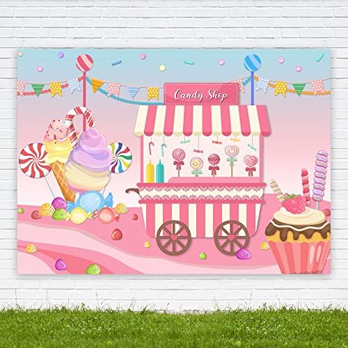 Riyidecor Lollipop Candyland Candy Shop pozadina Cartoon 7wx5h noge Baby tuš Slatka djevojka tkanina Pink sladoled šarene zastave