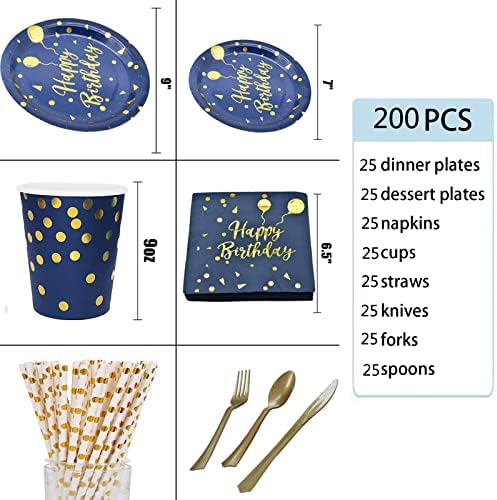 Poslužite 25 gostiju 200 kom Za jednokratnu upotrebu plave i zlatne tanjire za Sretan rođendan i salvete potrepštine za zabavu plavi