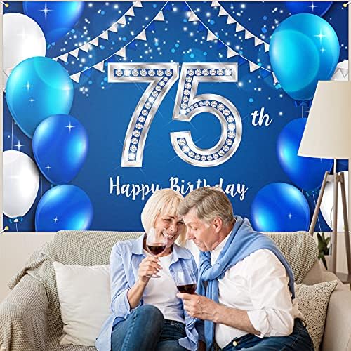 HAMIGAR 6x4ft Happy 75th Birthday Banner Backdrop-75 godina rođendan dekoracije potrepštine za zabavu za žene muškarci-Blue Silver