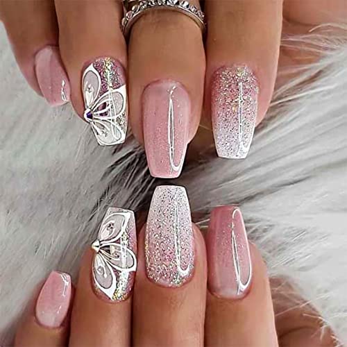 YOSOMMK Gradient Pink Press na noktima srednji kovčeg lažni nokti sa cvijetom Rhinestone Designs sjajni puni poklopac štap na noktima