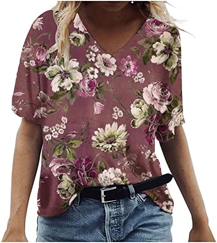 Ženska pamučna duboka V izrez cvjetni grafički labavi fit prevelizirani opušteni lounge top majica kratkih rukava za djevojke