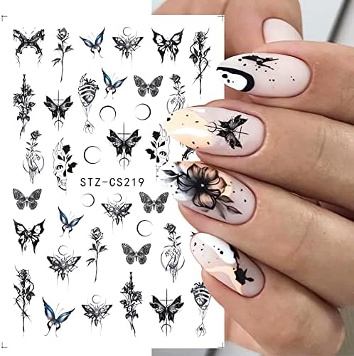 9sheets leptir naljepnice za umjetnost noktiju Spring Butterfly Rose Designs 3D samoljepljiva naljepnica za nokte crna i srebrnasta