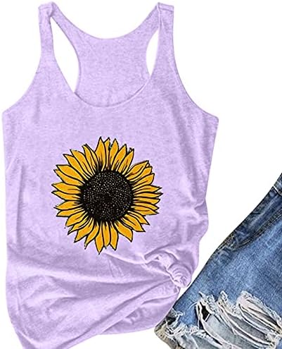 Ženski ljetni suncokret grafički vrhovi rezervoara, Daisy bez rukava Osnovna majica Pismo opisane majice