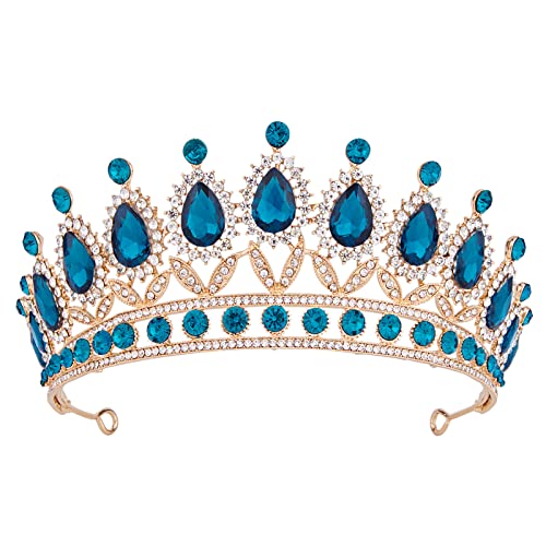 Vofler tijara za žene, Zlatna kruna sa plavim kristalom - royal Queen Rhinestone Headpiece traka za glavu za princeze djevojčice djeca